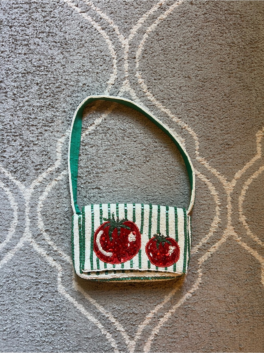 Anthropologie Green Striped Tomato Beaded Shoulder Bag